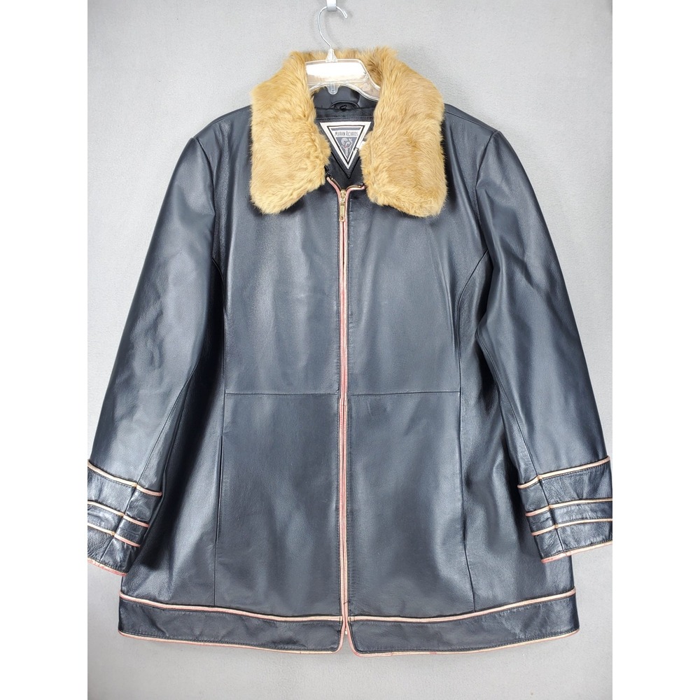 Marvin Richards Leather Jacket Women 2X Black Fur Collar Metallic Trim Zip Up